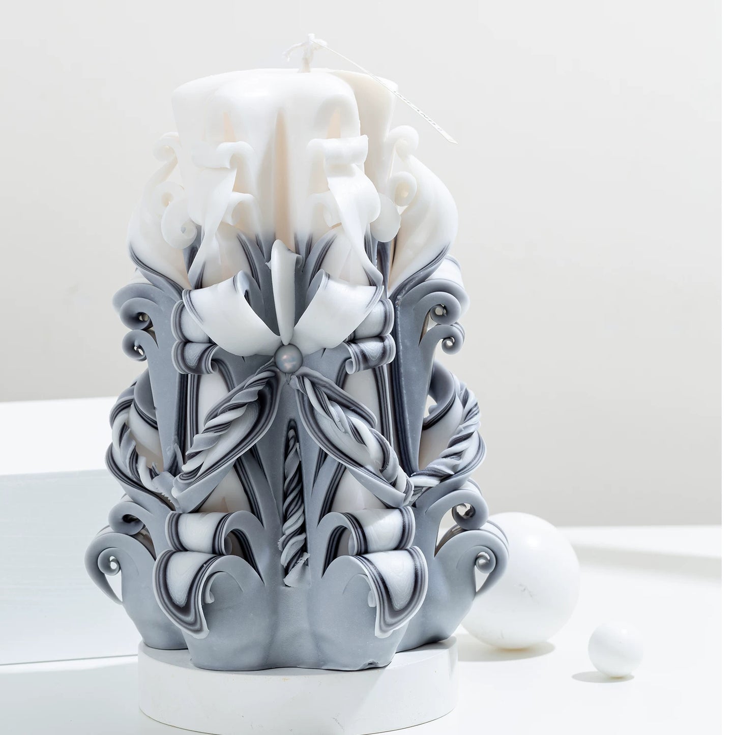 Moonlit Frost Carved Flower Candle | Handcrafted Winter Luxury Artisan Gift