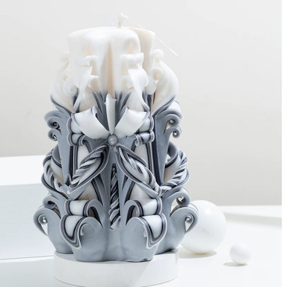 Moonlit Frost Carved Flower Candle | Handcrafted Winter Luxury Artisan Gift