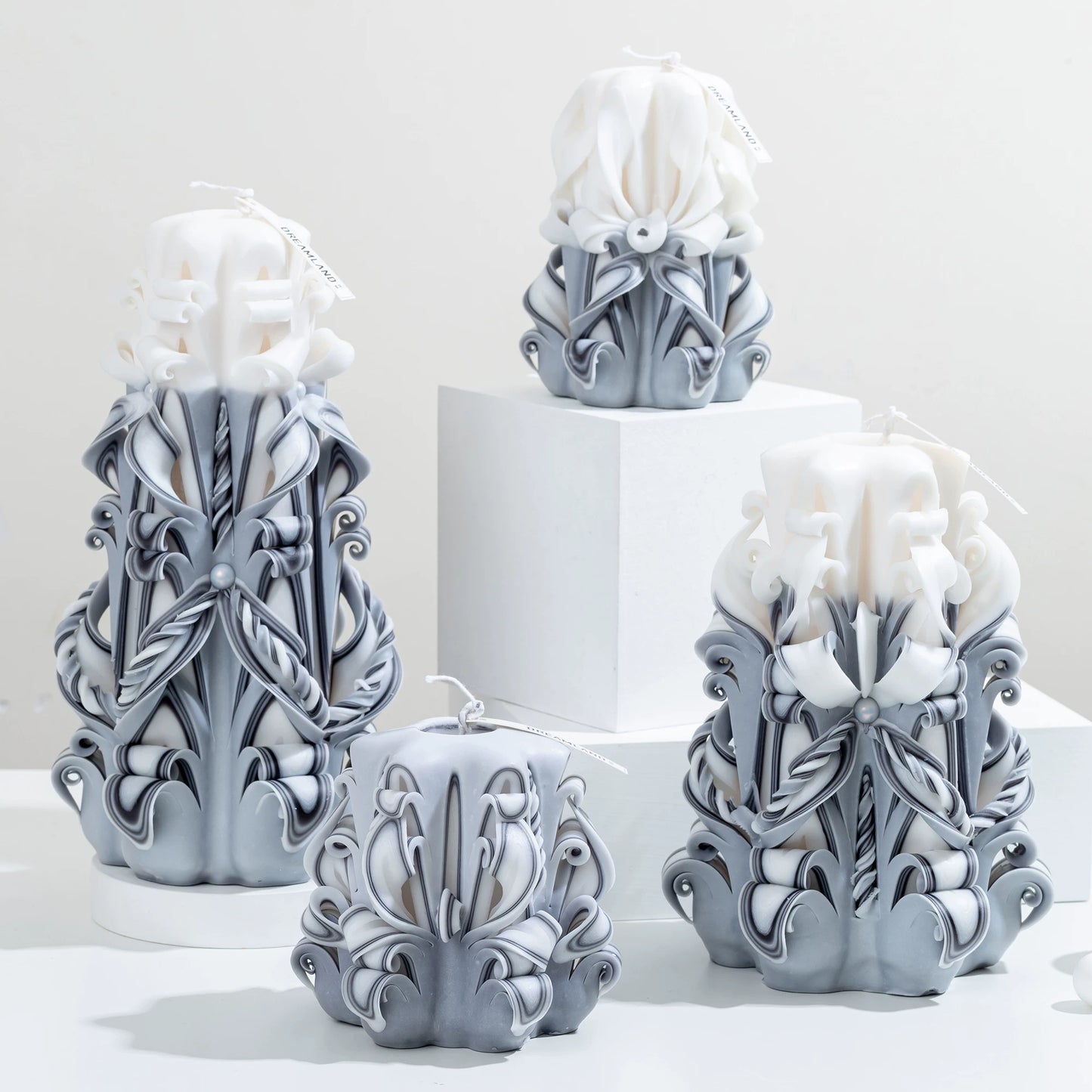 Moonlit Frost Carved Flower Candle | Handcrafted Winter Luxury Artisan Gift