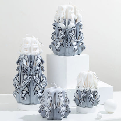 Moonlit Frost Carved Flower Candle | Handcrafted Winter Luxury Artisan Gift