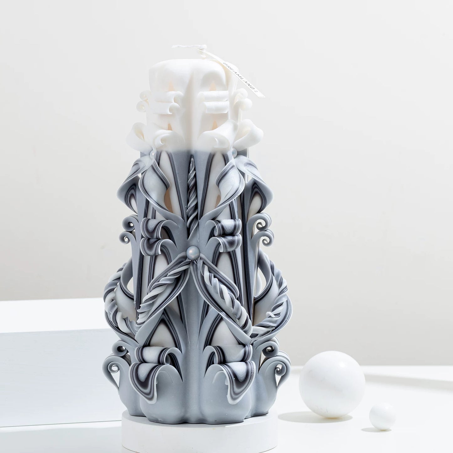 Moonlit Frost Carved Flower Candle | Handcrafted Winter Luxury Artisan Gift