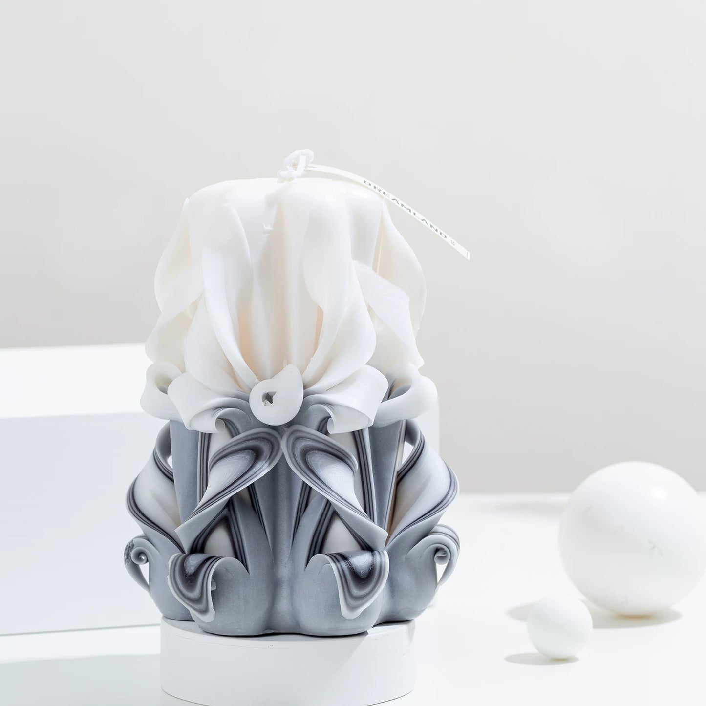 Moonlit Frost Carved Flower Candle | Handcrafted Winter Luxury Artisan Gift
