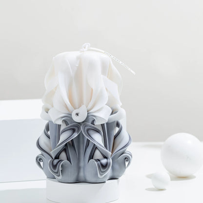 Moonlit Frost Carved Flower Candle | Handcrafted Winter Luxury Artisan Gift