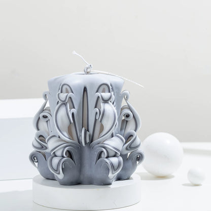Moonlit Frost Carved Flower Candle | Handcrafted Winter Luxury Artisan Gift