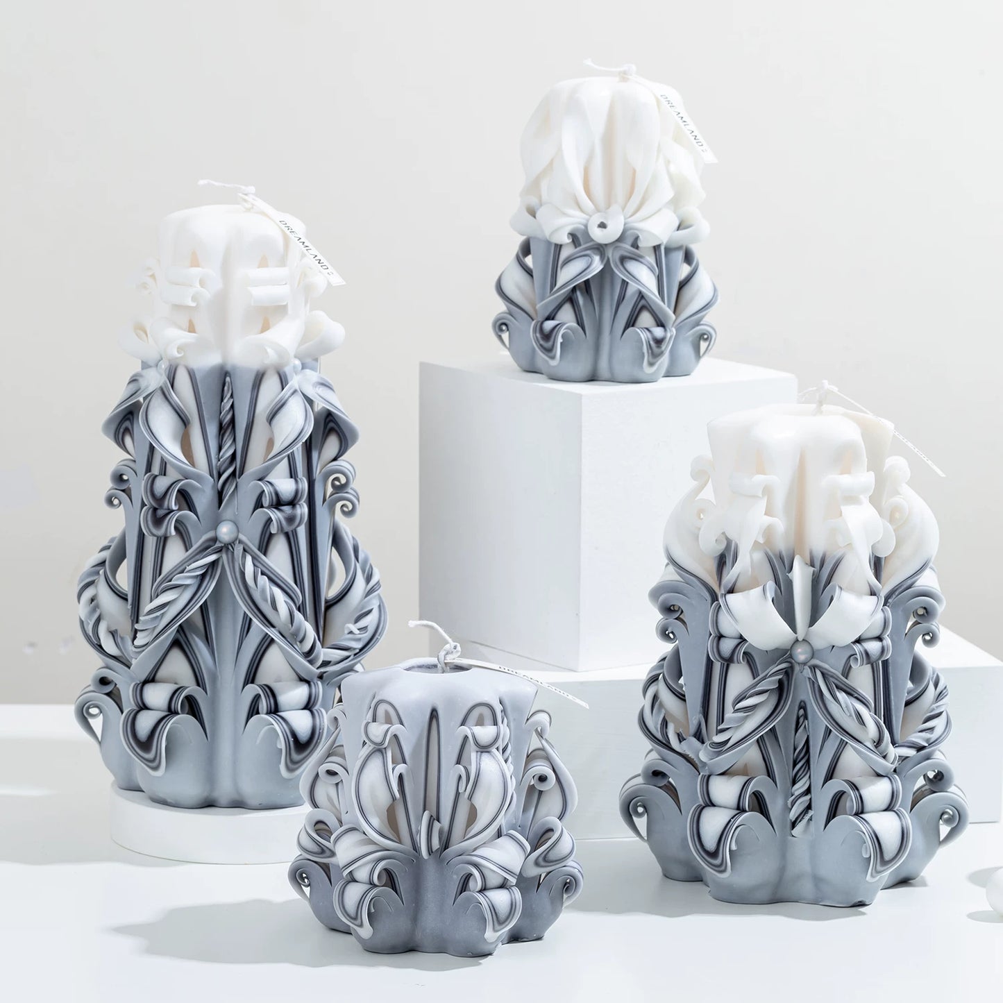 Moonlit Frost Carved Flower Candle | Handcrafted Winter Luxury Artisan Gift
