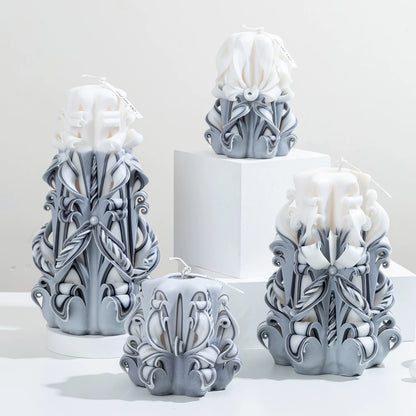 Moonlit Frost Carved Flower Candle | Handcrafted Winter Luxury Artisan Gift