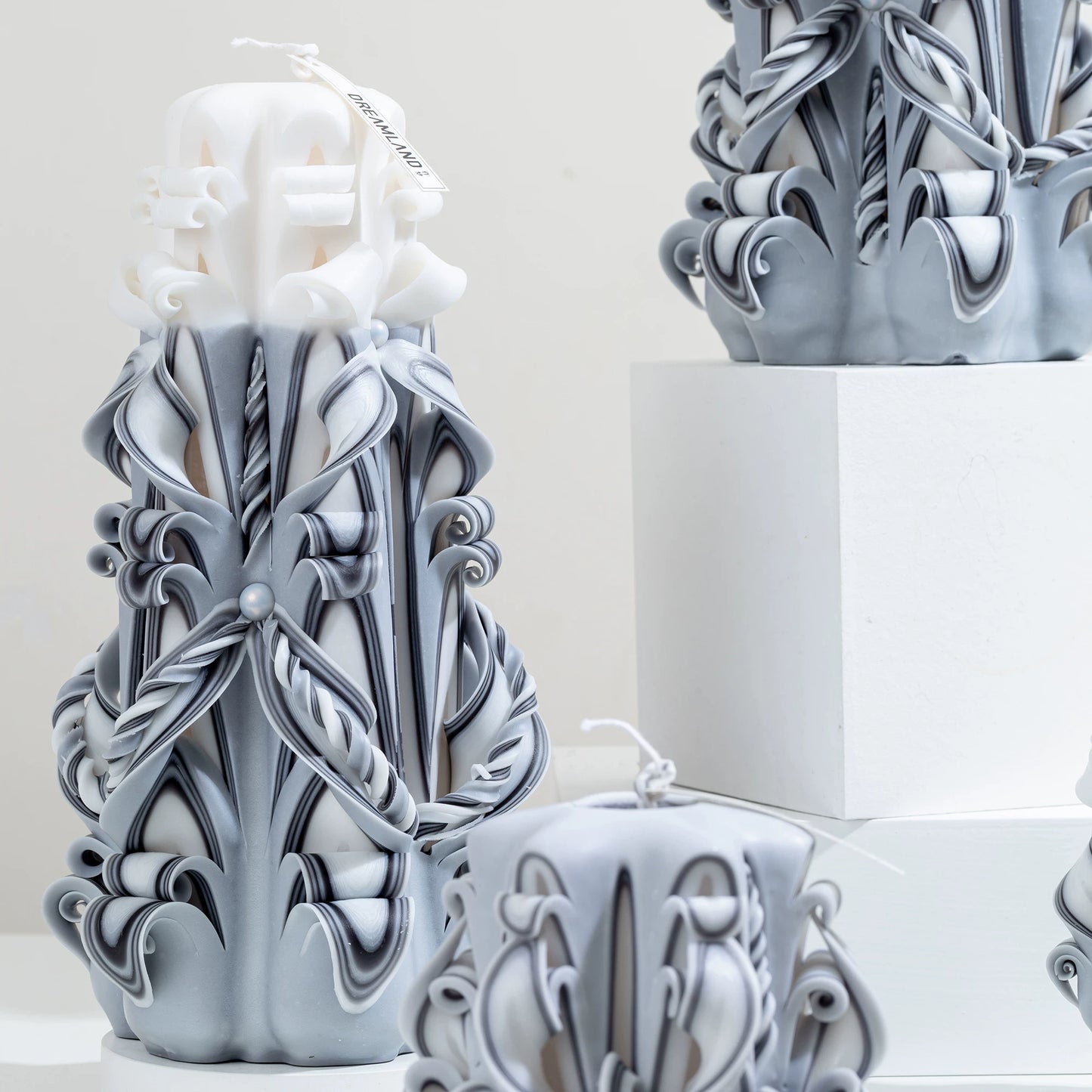 Moonlit Frost Carved Flower Candle | Handcrafted Winter Luxury Artisan Gift